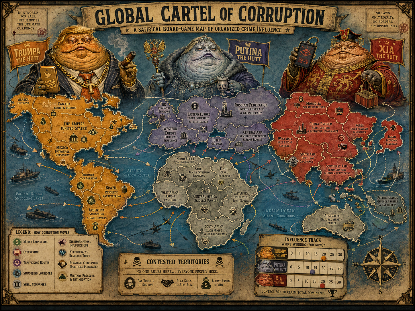 A satirical board-game-style world map portraying global corruption, illicit finance, influence operations, cybercrime, trafficking, and strategic coercion as interconnected routes